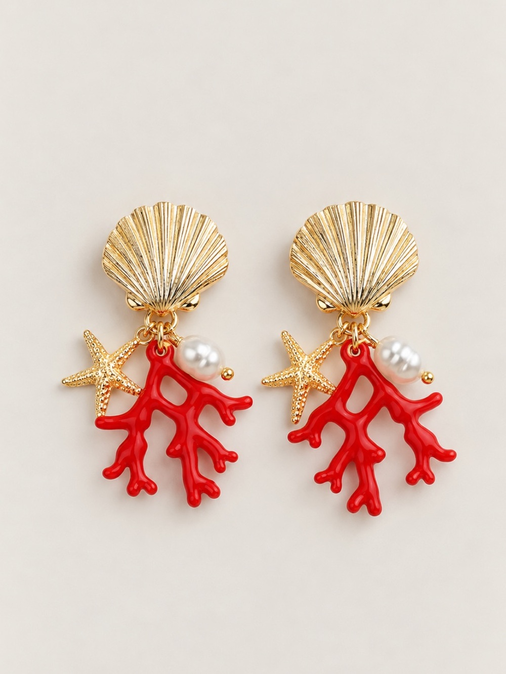 New! Gold Shell Red Coral Post Drop Earrings NWOT
